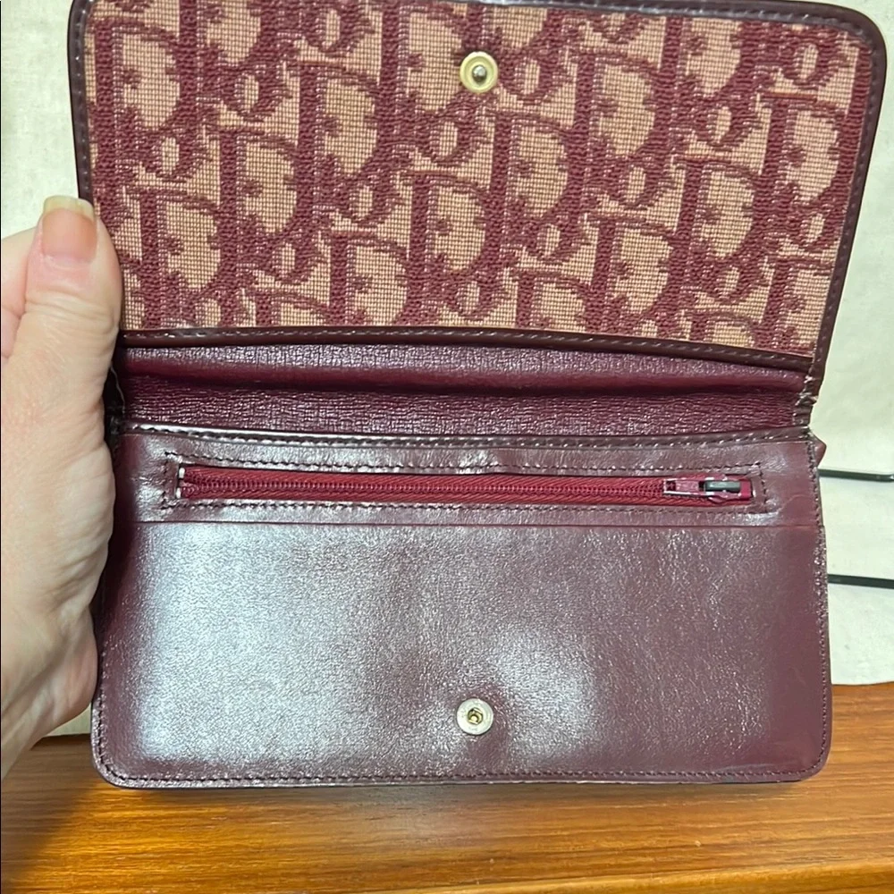 Dior Burgundy and Beige Logo Jacquard Wallet